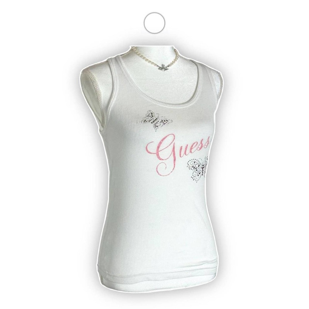 Y2k tank top with glittery rhinestones beaded pink design butterfly from guess